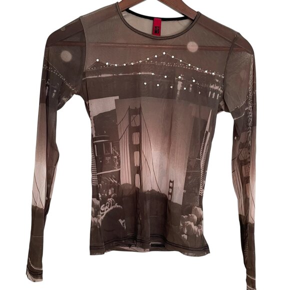 Vintage Y2K Just in Time Sheer Mesh Shirt M Golden Gate Bridge Skyline Print Top - Picture 1 of 6